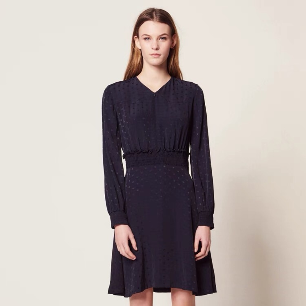 NWT Sandro Claudia Polka-Dot Crepe Dress Navy Size 36